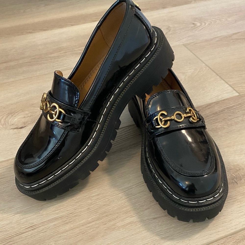Circus by Sam Edelman Black Patent Loafers with Gold Chain Hardware